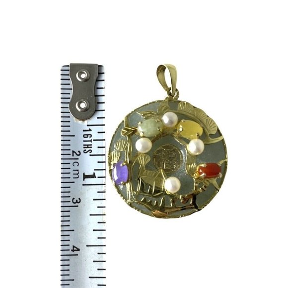 Chinese 14k Gold Wrapped Round Jade Pendent With Pearl and Multi Gemstones - Picture 5 of 5